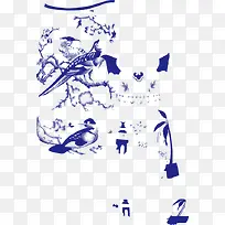 手绘蓝色复古花鸟