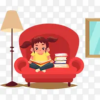 红色沙发上的看书女孩