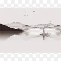 水墨山水  中国风  小船 飞鸟
