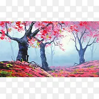 红色手绘树林海报背景