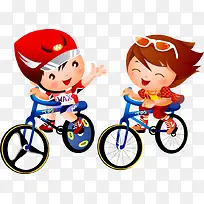 卡通男孩女孩骑自行车