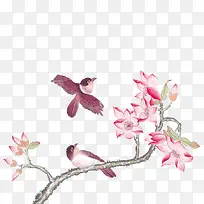 水彩桃花麻雀小鸟