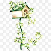 手绘绿色植物房屋