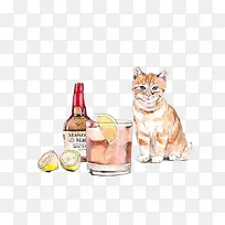 有酒和柠檬汁的猫咪的夏天