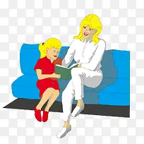 坐在沙发上教女儿看书的母亲
