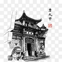 老北京建筑手绘线稿