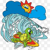卡通海龟玩冲浪矢量图