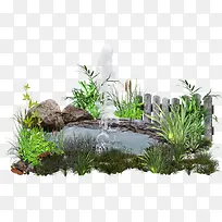 池塘木栅栏喷泉