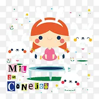卡通女孩蹦床小兔