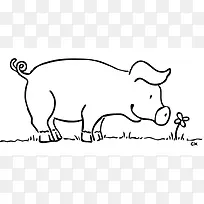 手绘的卡通闻花的猪