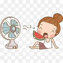 卡通少女吃西瓜吹电风扇