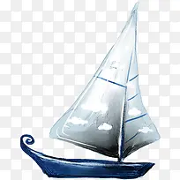 手绘蓝色海上帆船