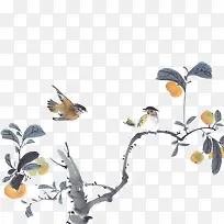 水彩中国风树枝鸟