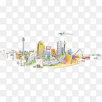 手绘城市建筑群背景图片