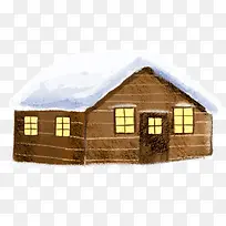 手绘棕色冬季房屋雪景