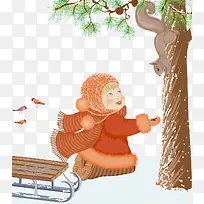 雪天女孩矢量雪域素材