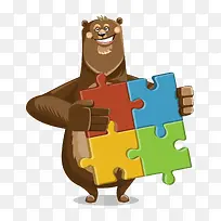 可爱卡通手绘的熊拿着拼图板