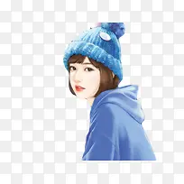 手绘带蓝色帽的女人