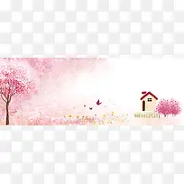 粉色温馨树水墨画背景banner