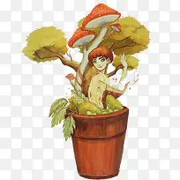 卡通彩绘木桶植物和人