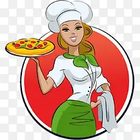 美女厨师上披萨饼