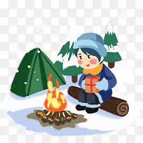 雪地里取暖的小男孩