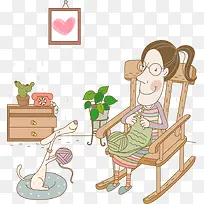 矢量手绘织毛衣的妇女