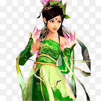 绿衣头饰女子古风立绘