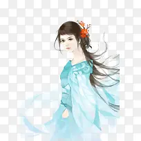 蓝衣花朵直率女子古风手绘