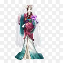 绿衣头纱女子古风立绘