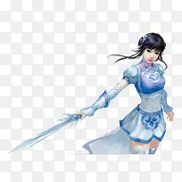 蓝衣挥剑女子