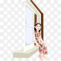 矢量手绘窗台上的女孩