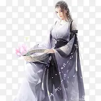 拿盆的白衣美女古风手绘