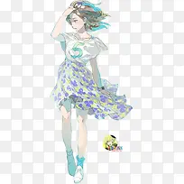 手绘风中美景美女