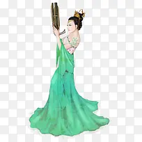 吹笙的绿衣美女古风手绘
