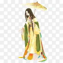 持伞的黄衣美女古风手绘