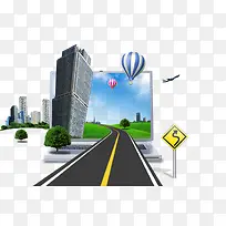 手绘创意合成文字建筑街道