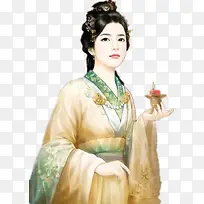执灯黄衣女子古风手绘