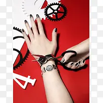 红白背景前的手和物品
