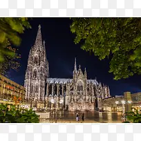 欧洲城市教堂夜景