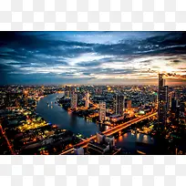鸟瞰傍晚河岸两边地夜景
