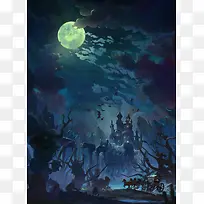 阴深的城堡夜景插画