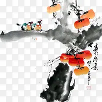 水墨柿子和鸟