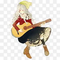 卡通立绘抱着吉他的女孩