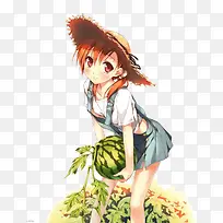 卡通女孩抱着西瓜