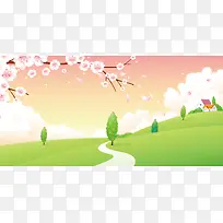 樱花绿树卡通背景素材