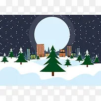 蓝色月夜卡通手绘冬季雪花风格场景设计