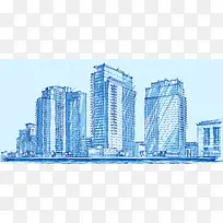 手绘素描线描城市建筑