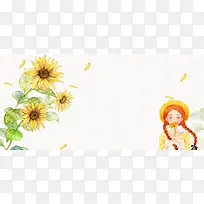 夏日向日葵手绘女孩简约白色背景