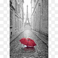 下雨天的法国巴黎街头景色高清图片